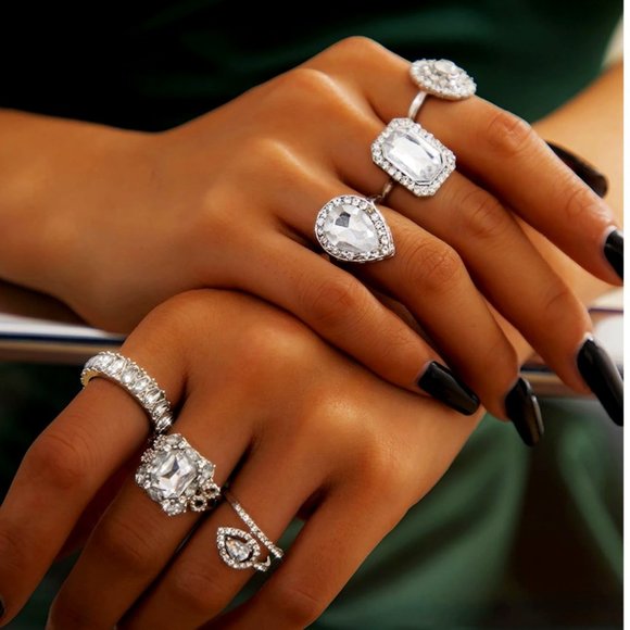 Ring Set 6pcs Rhinestone Decor Silver Rings New - Picture 1 of 2